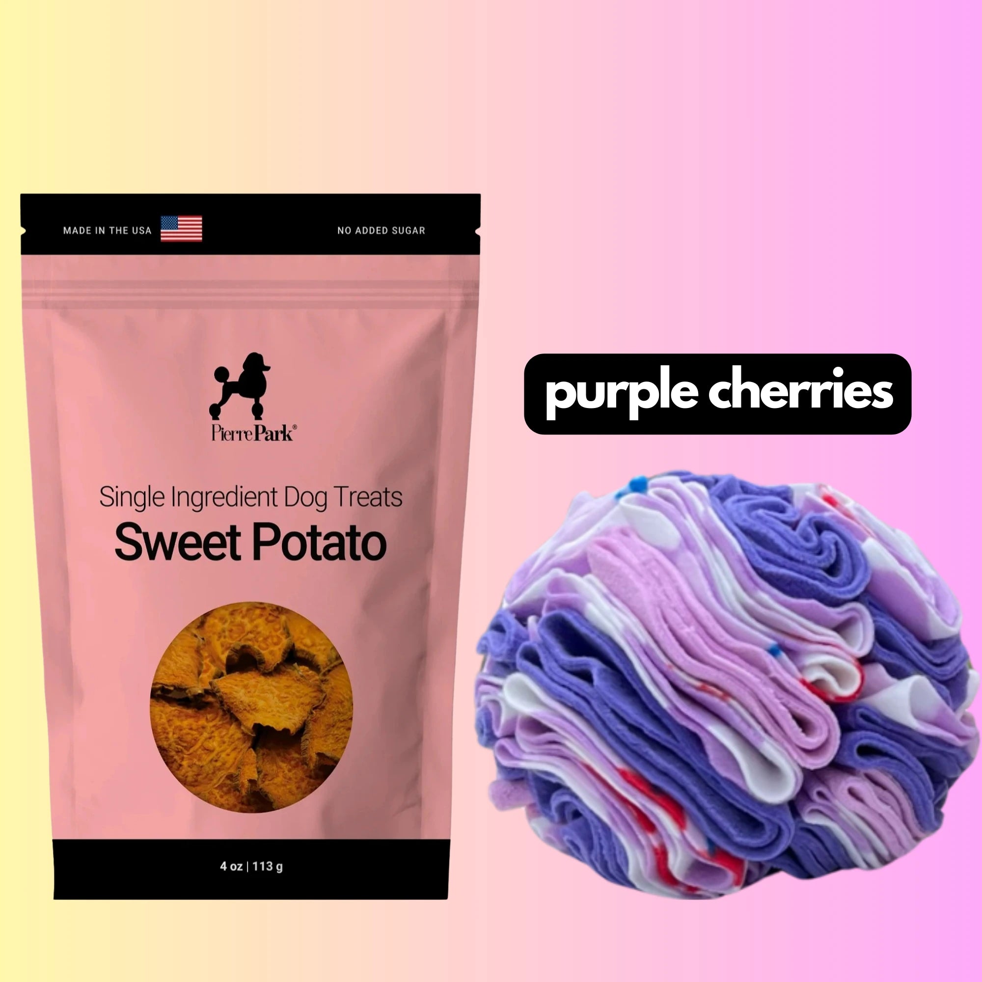 Sweet Potato Dog Treats & Purple Cherries Snuffle Ball Bundle