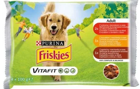 FRISKIES Pachet plicuri pentru câini Adulţi, cu Pui, Vită şi Miel 4x100g