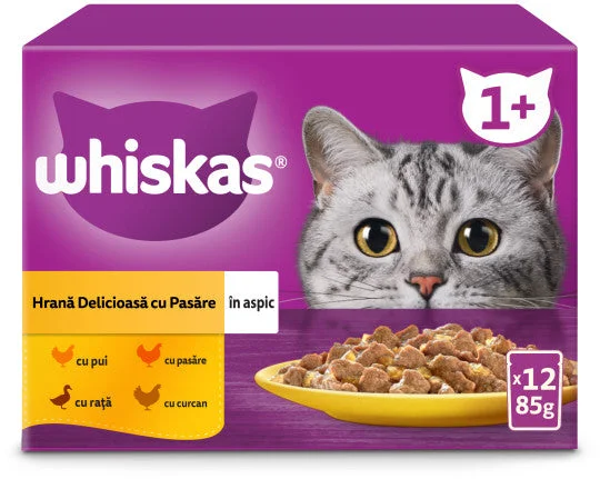 WHISKAS Mix plicuri pisici Adulte, cu Pui/Raţă/Pasăre/Curcan în aspic 12x85g