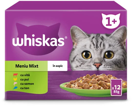 WHISKAS Mix plicuri pisici Adulte, cu Vită/Pui/Somon/Ton în aspic 12x85g